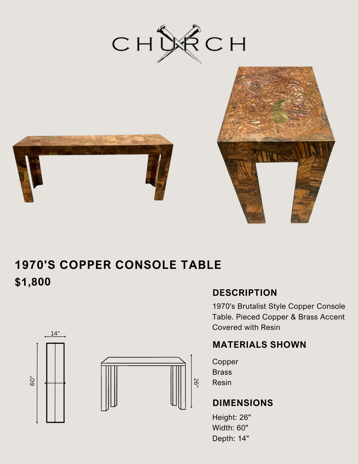 1970's Copper Console Table