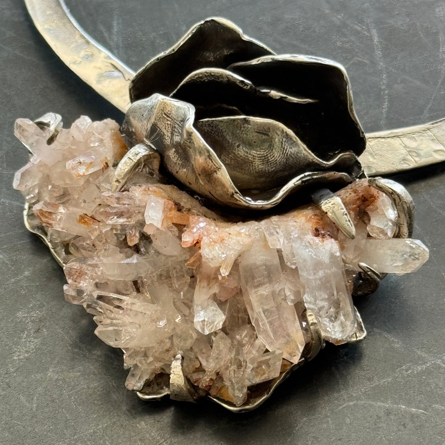 Hammered Silver Pink Quartz Crystal Generator Rose Bud Antique Sterling Silver Choker