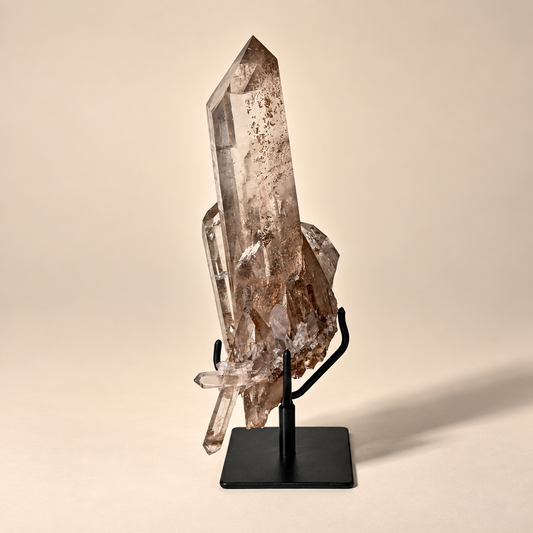 Smoky Quartz Crystal Generator w/ Cluster on Metal Base