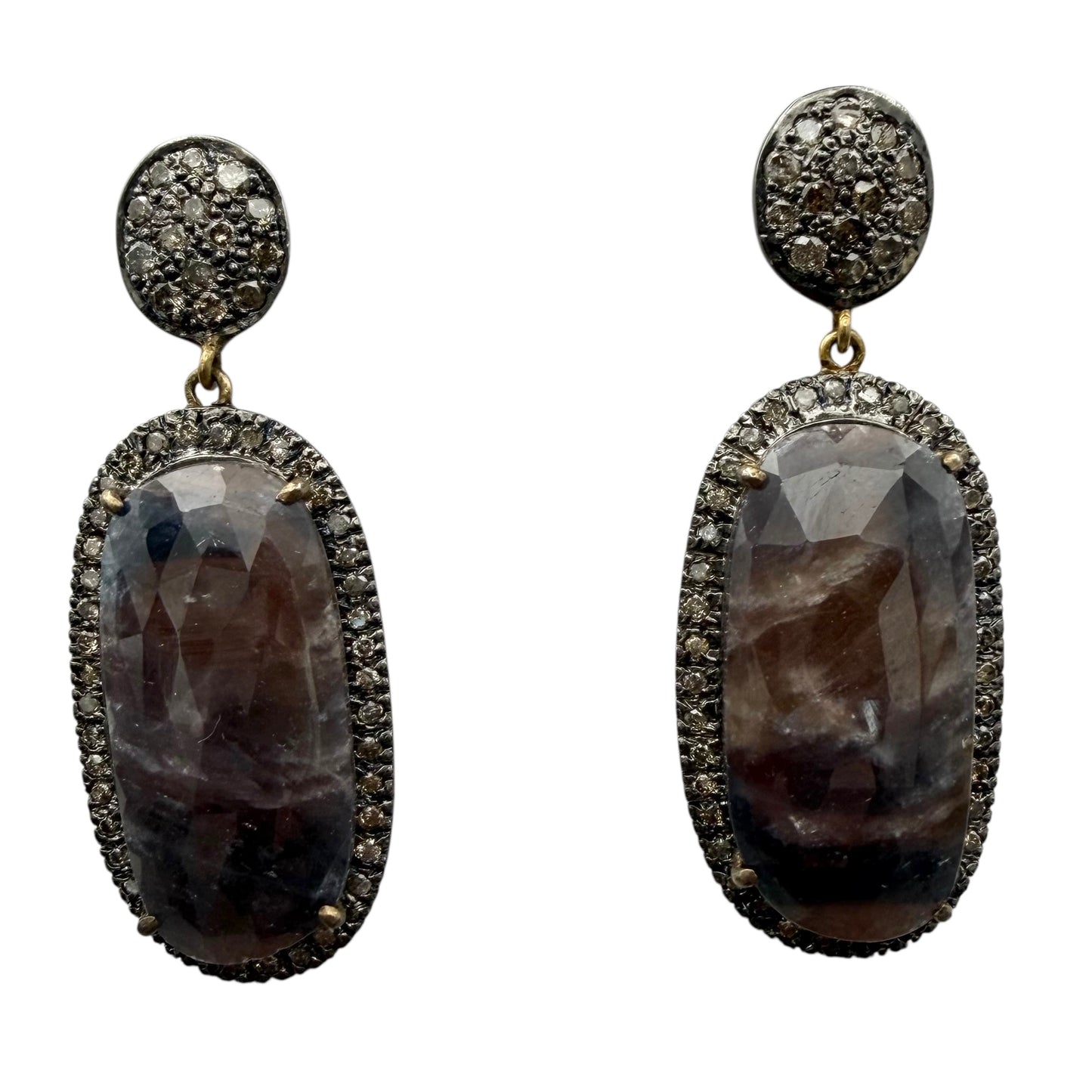 Faceted Oblong Sapphire & Diamond Earrings