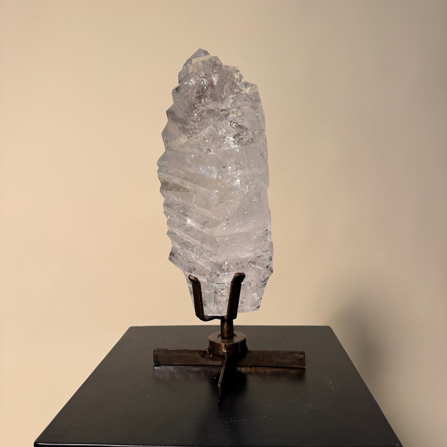 Polished Clear Quartz Crystal w/ grooves on Spinning Stand