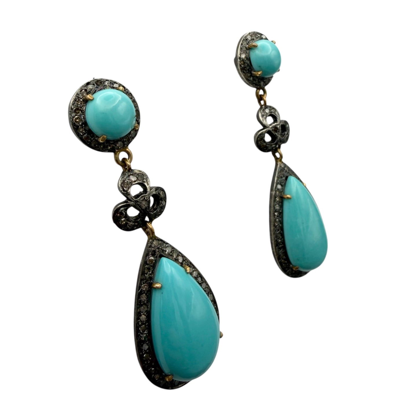 Cabochon Circle & Tear Drop Turquoise Earrings with Diamonds