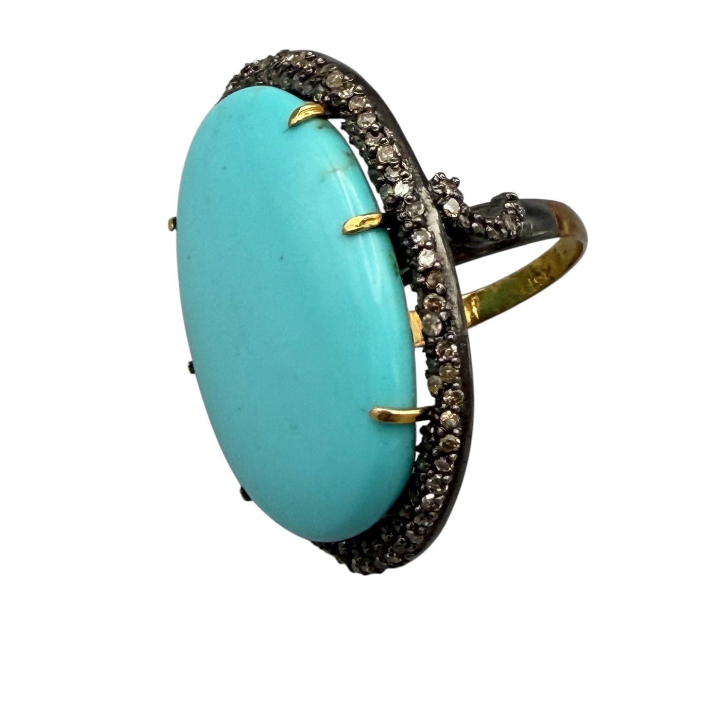 Oval Cabochon Turquoise Ring with Diamonds Frame