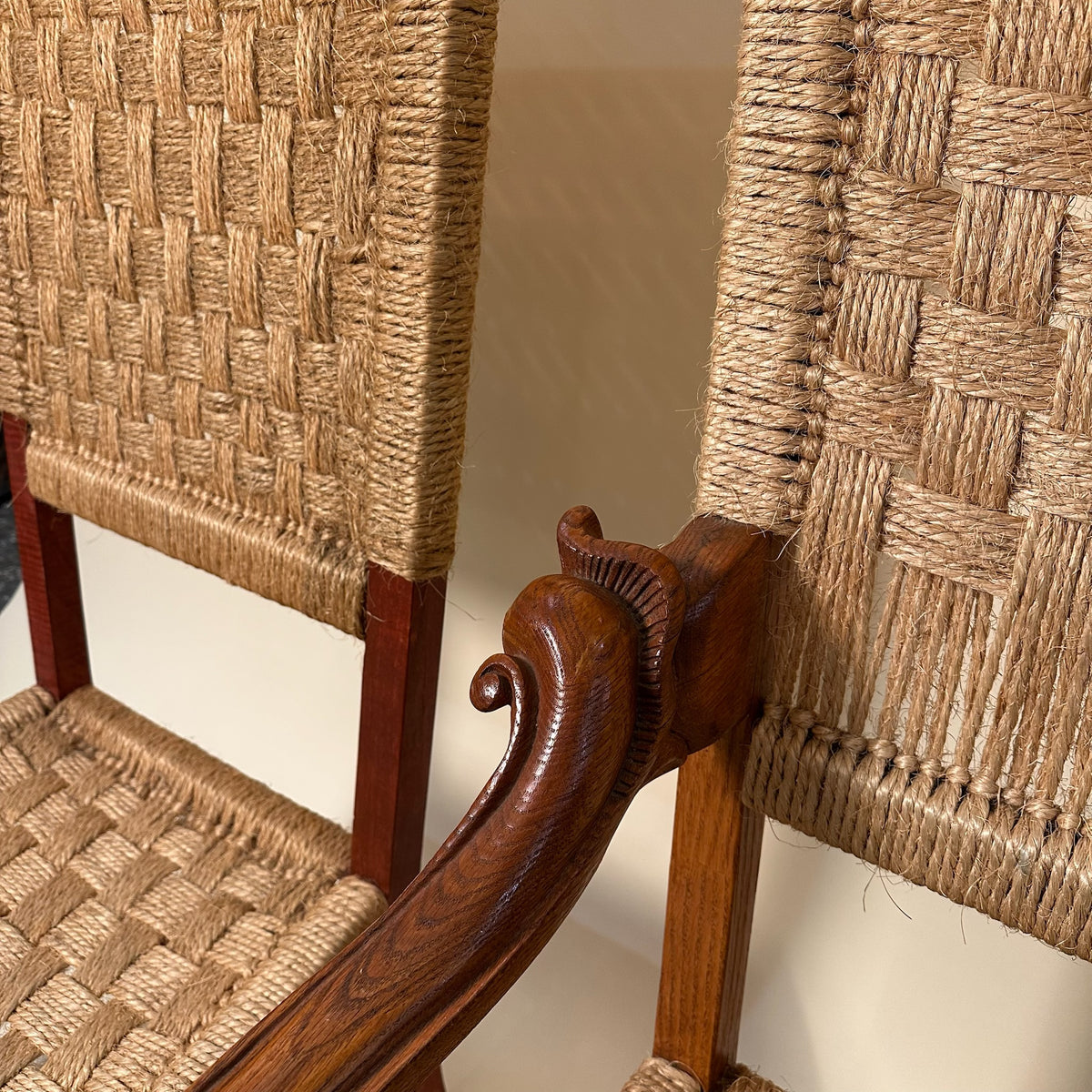 Pair of Carved Wooden and Woven Rope Armchairs