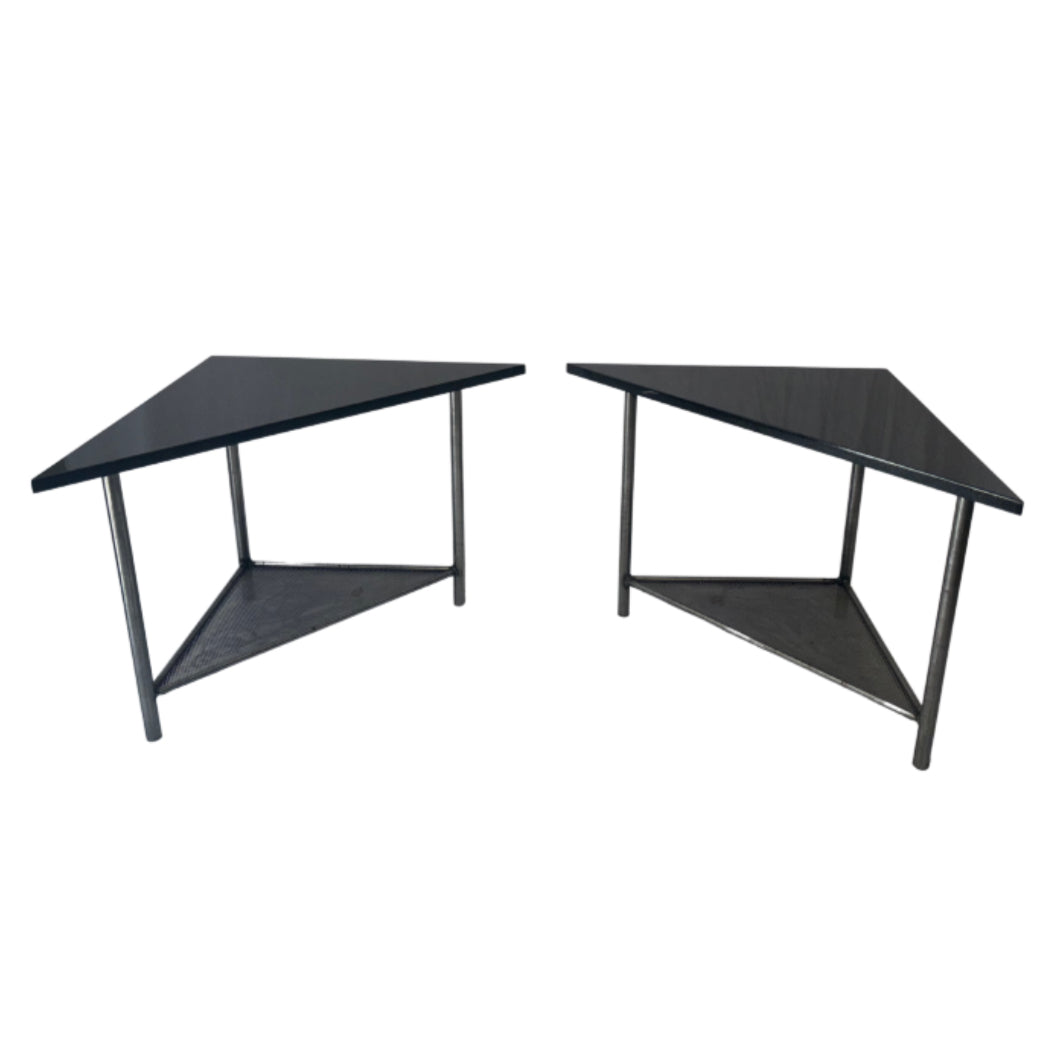 Pair of Triangular Brushed Steel & Marble Tables by Rich Martin