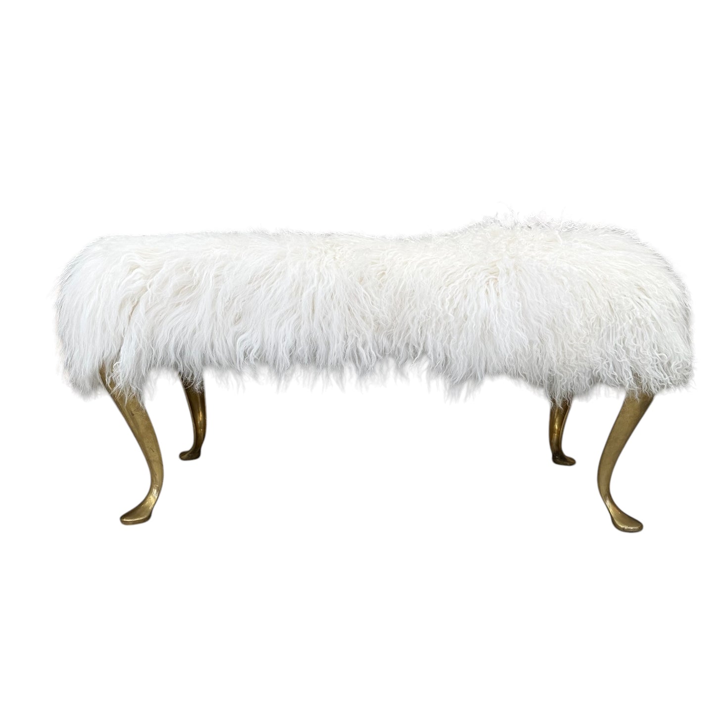 White Mongolian Fur Bench with Brass Legs