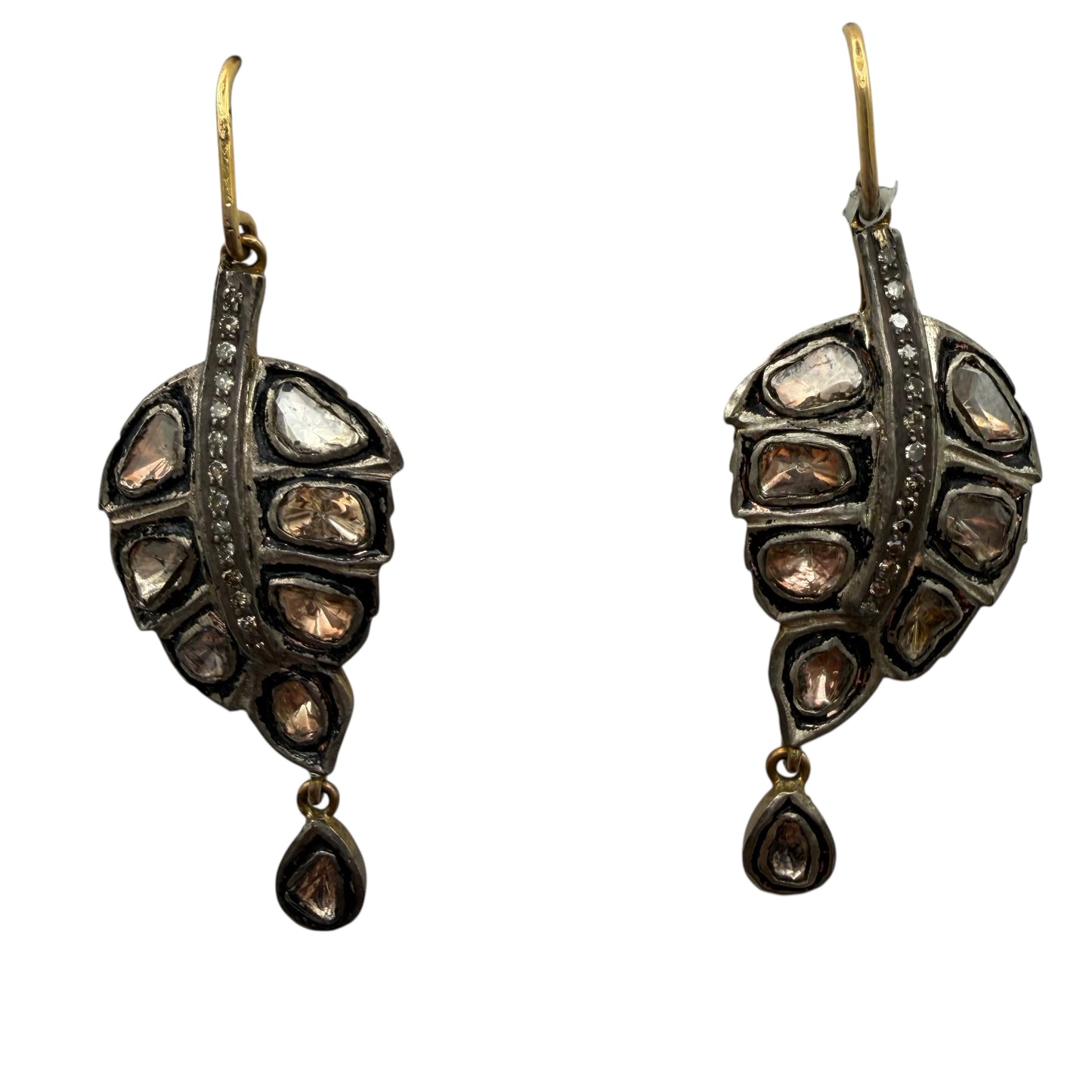 Raw Cut Diamonds Abstract Feather Shape Earrings