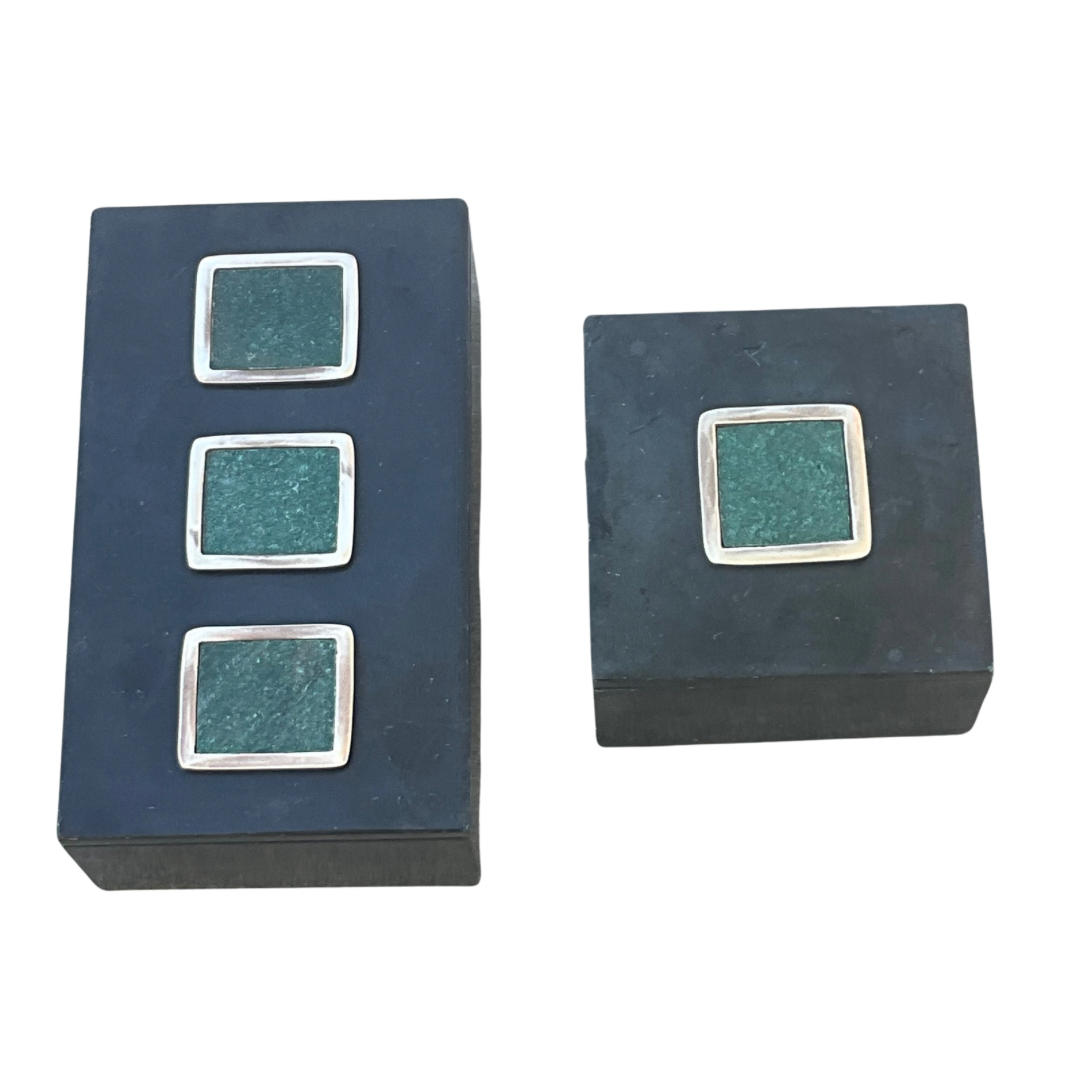 Pair of Asymmetrical Black Stone Boxes with Brass & Green Stone Accents