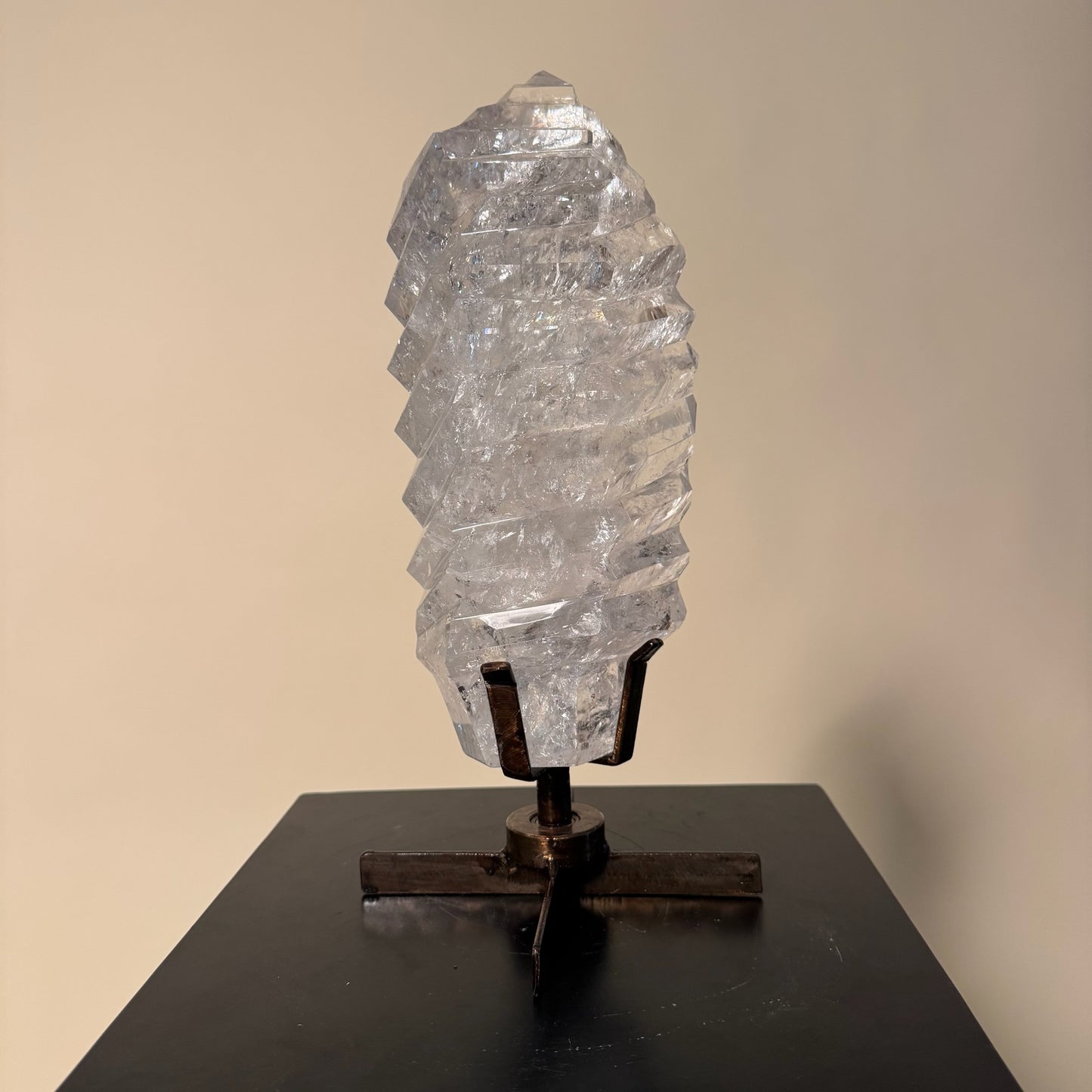 Polished Clear Quartz Crystal w/ grooves on Spinning Stand