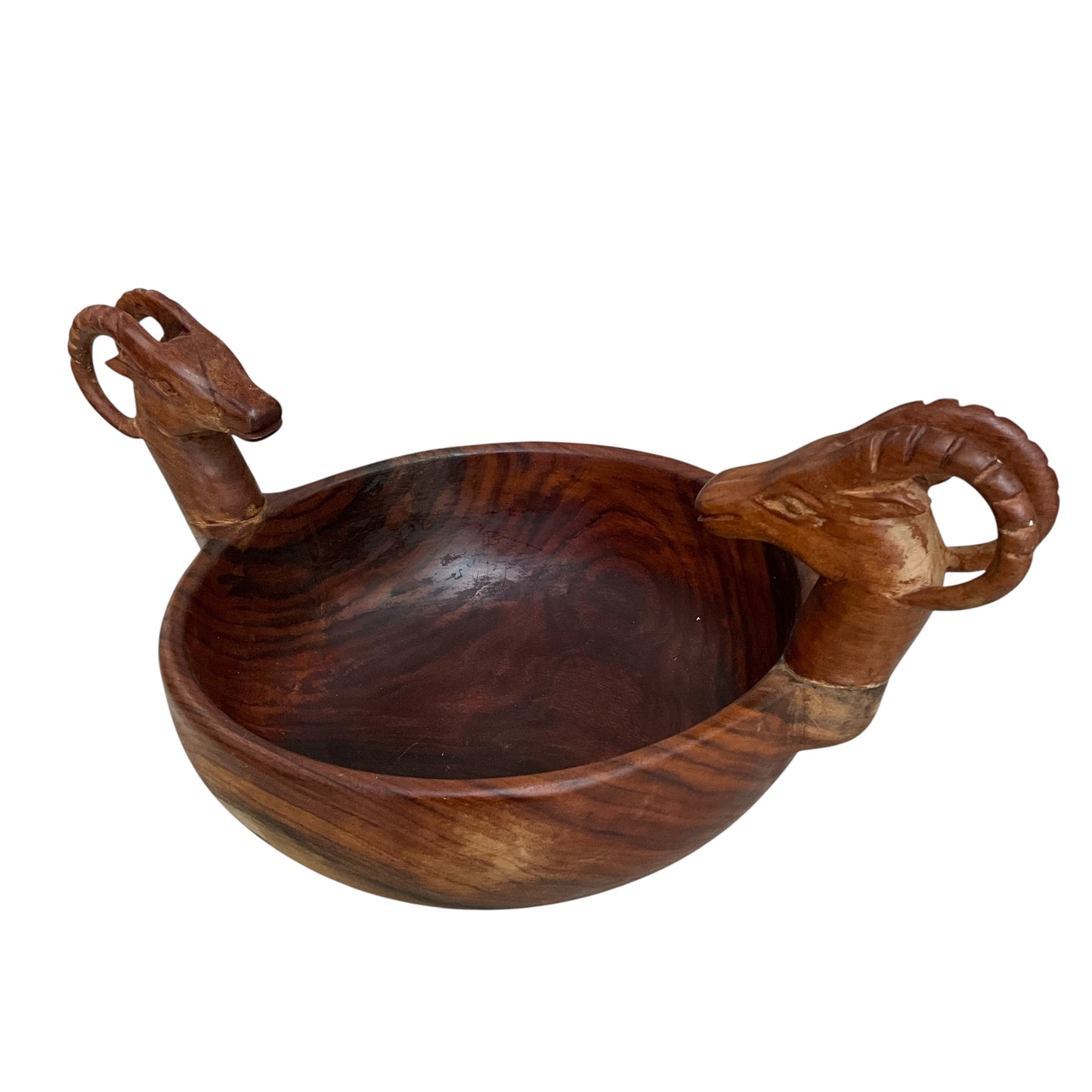 Vintage Carved Wood Double Ram Display Bowl