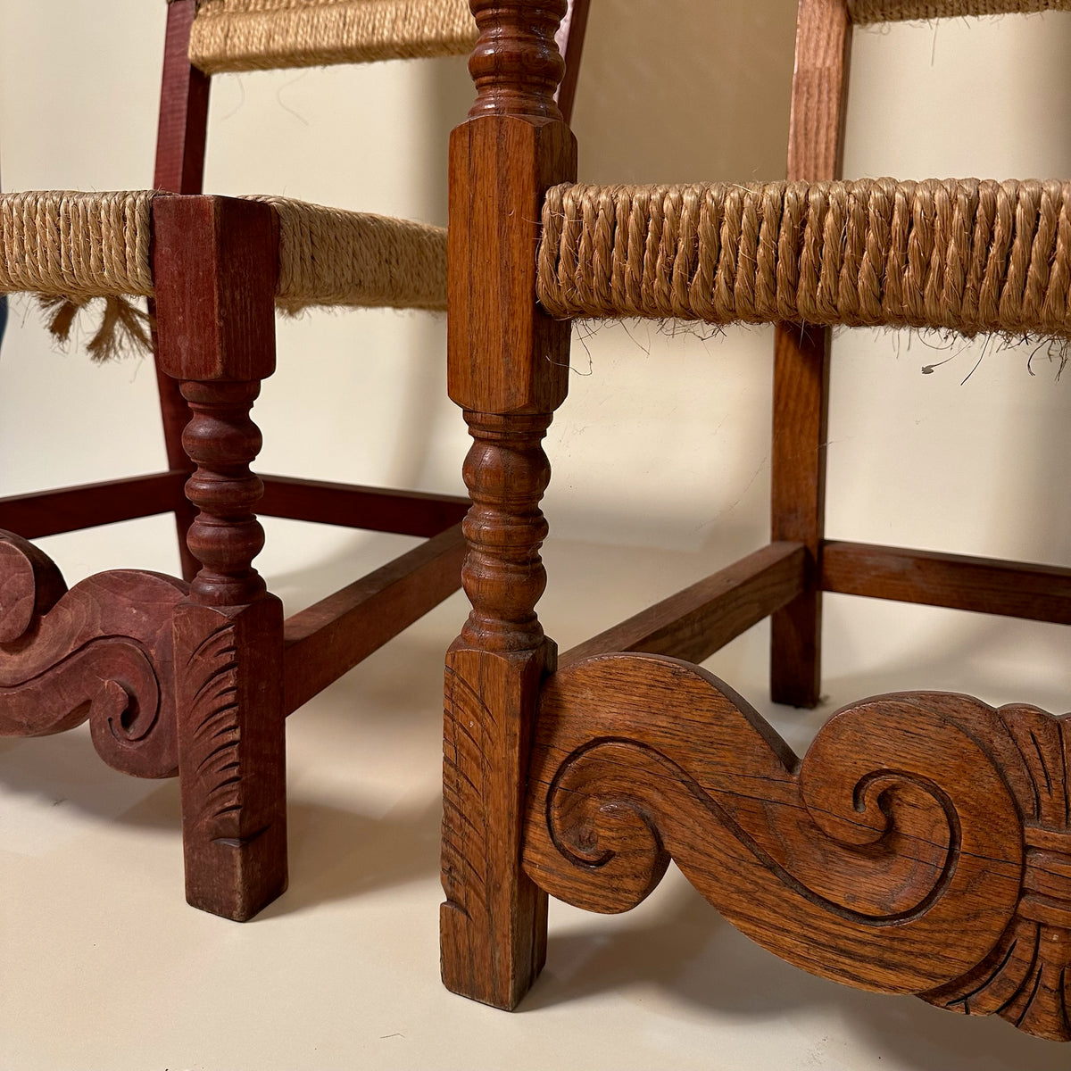 Pair of Carved Wooden and Woven Rope Armchairs