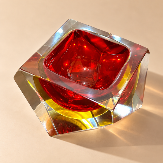 Faceted Glass Sommerso Murano Ashtray/Bowl - Red & Yellow