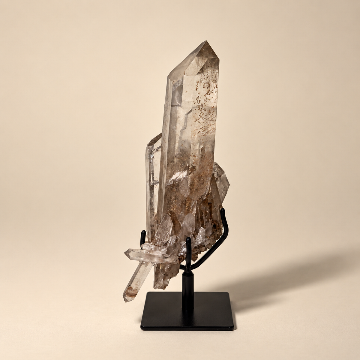 Smoky Quartz Crystal Generator w/ Cluster on Metal Base