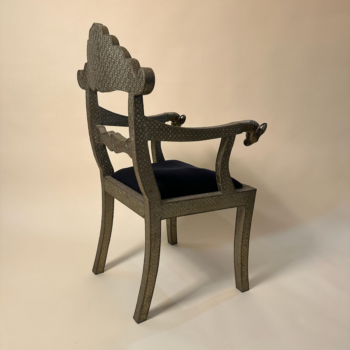 1960s Moroccan Vintage Hammered Metal Over Wood Chair