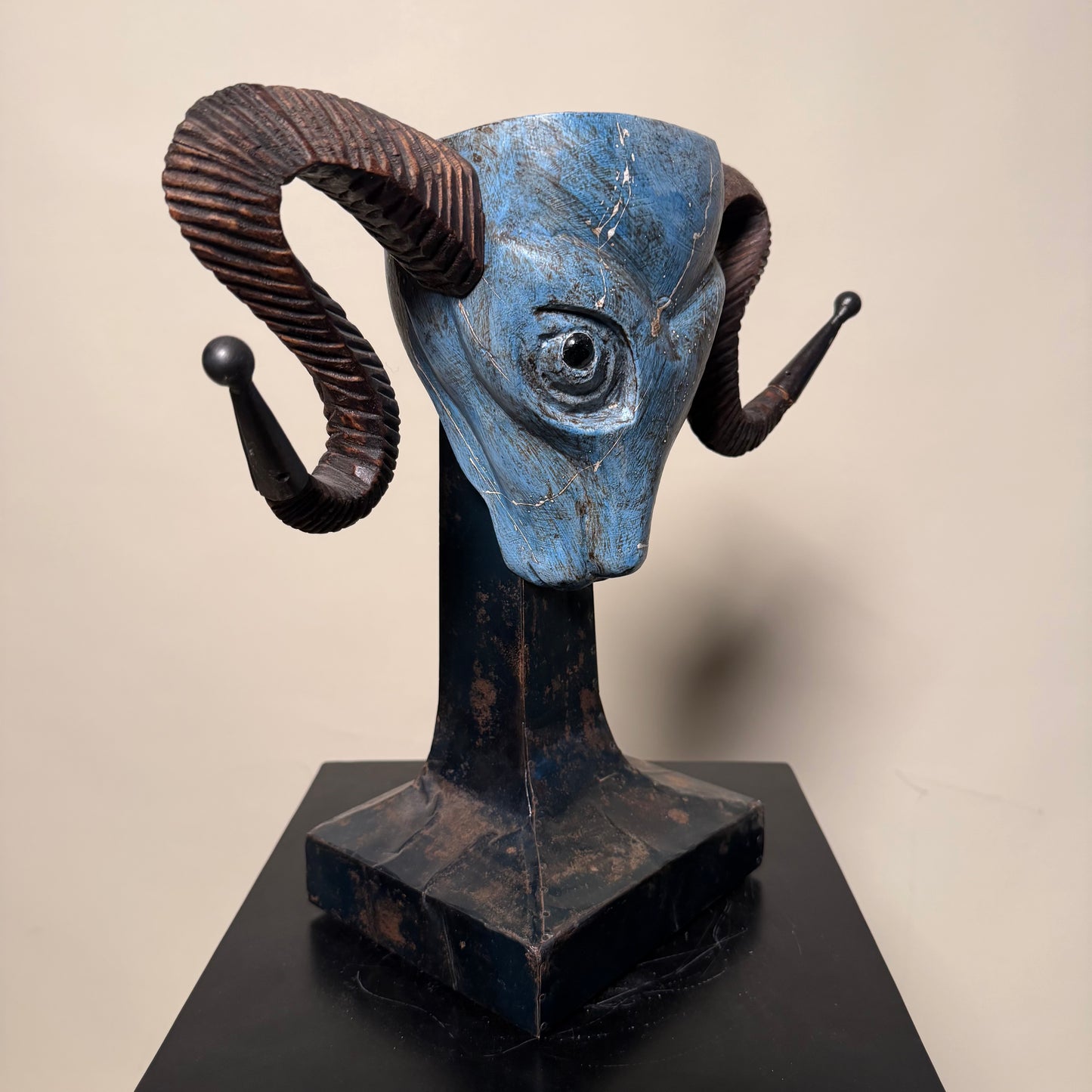 Vintage Turquoise Tone Unique Ram Head Sculpture on Base