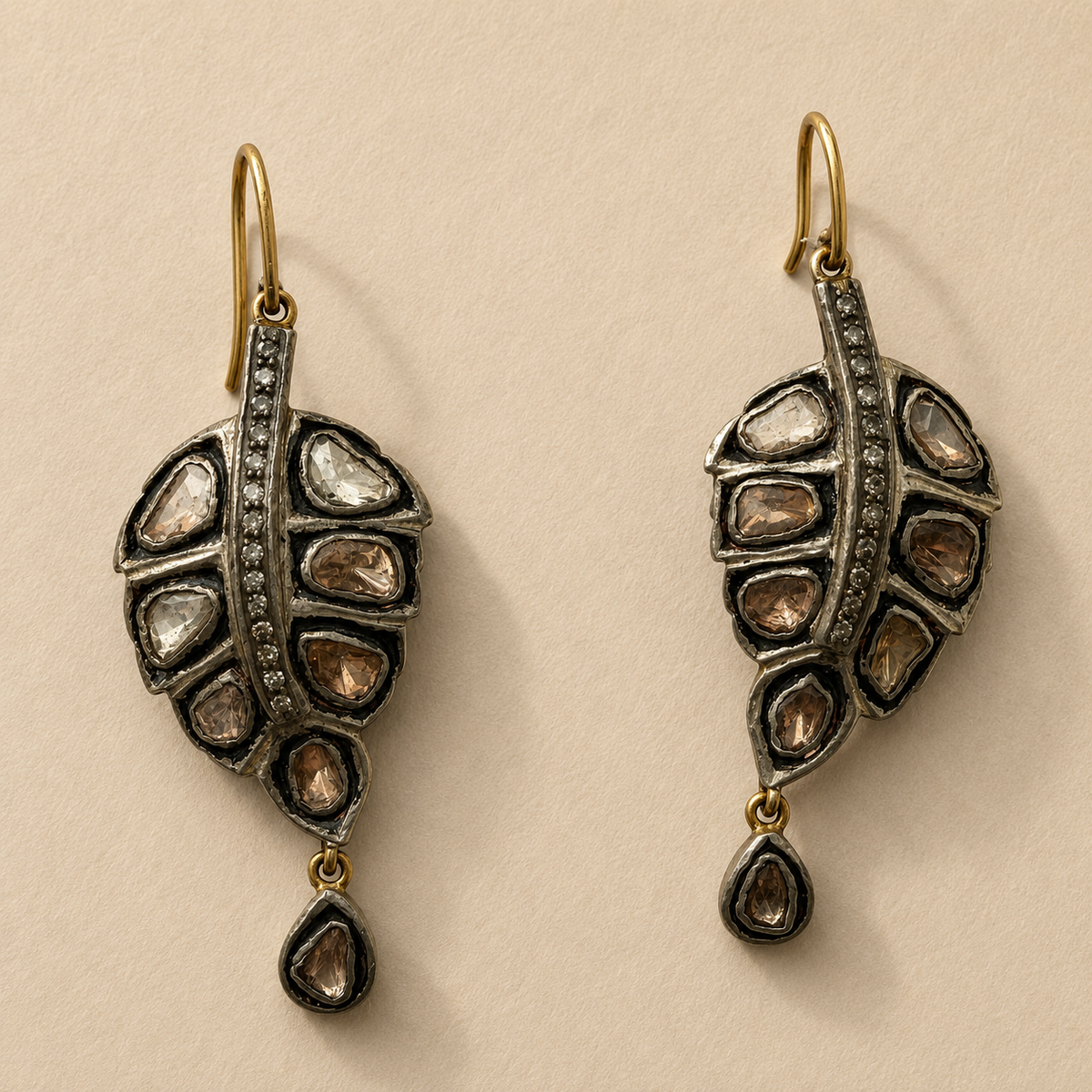Raw Cut Diamonds Abstract Feather Shape Earrings
