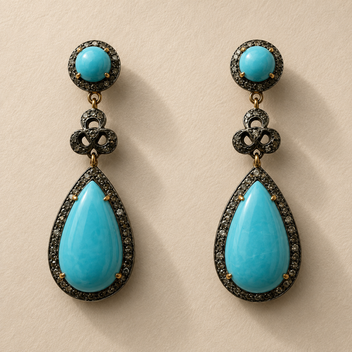 Cabochon Circle & Tear Drop Turquoise Earrings with Diamonds