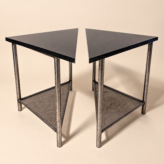 Pair of Triangular Brushed Steel & Marble Tables by Rich Martin