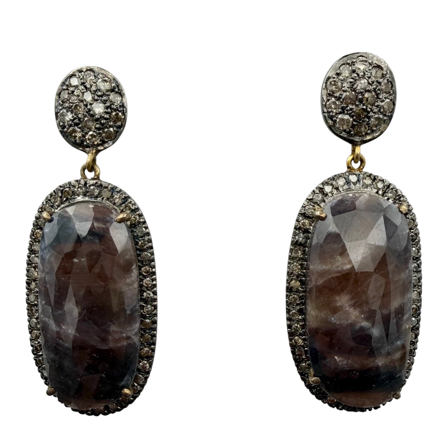 Faceted Oblong Sapphire & Diamond Earrings