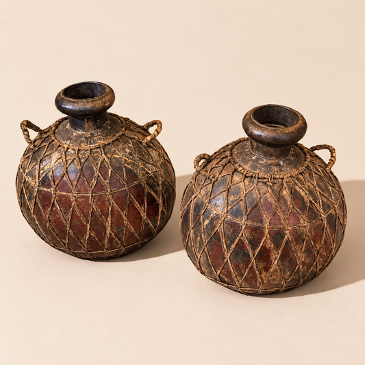 Pair of Vintage Metal Vessels w/Leather Wrap & Brass