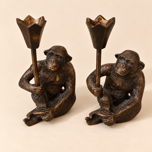Pair of Vintage Bronze Monkey Motif Candle Holders