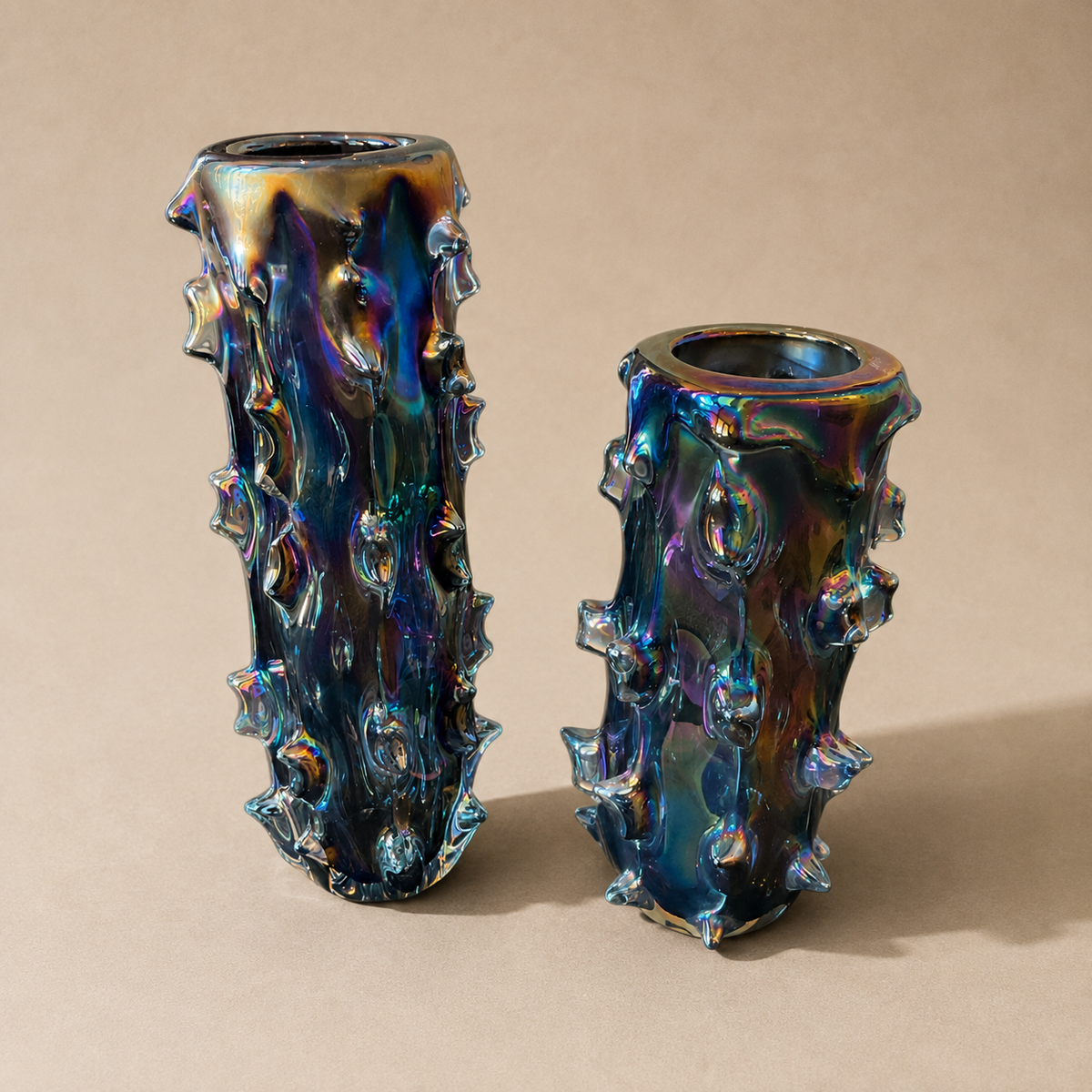 Asymmetrical Pair of Black Iridescent Spike Vases