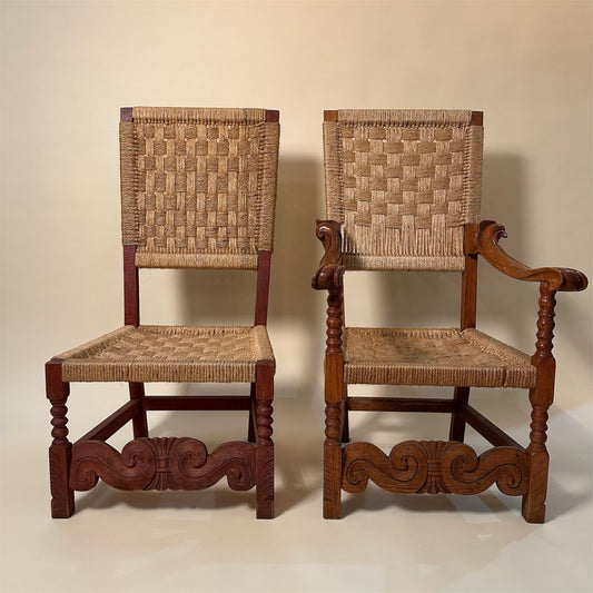 Pair of Carved Wooden and Woven Rope Armchairs