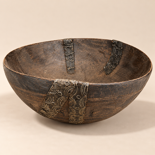 African Wood Large Bowl with Metal Accents