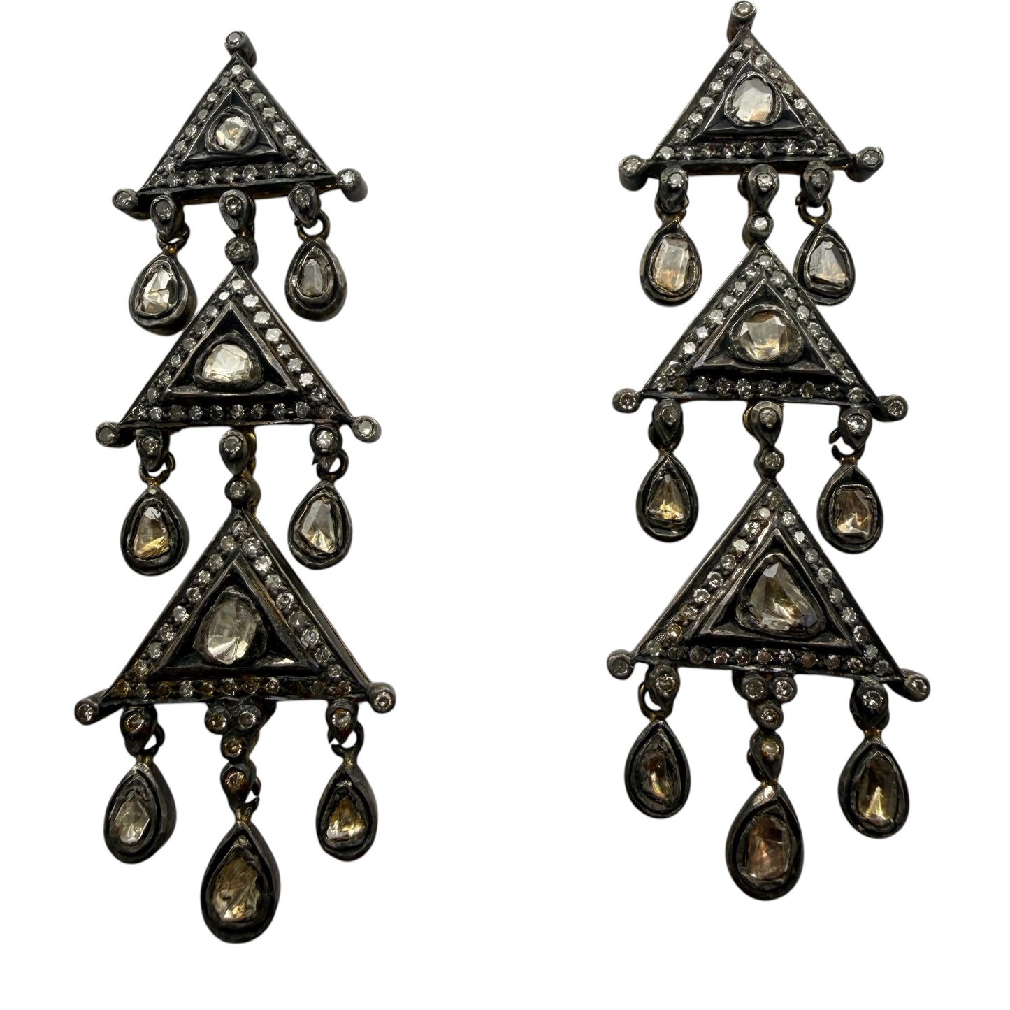 Triple Pyramid Multi-Diamond Drop Earrings