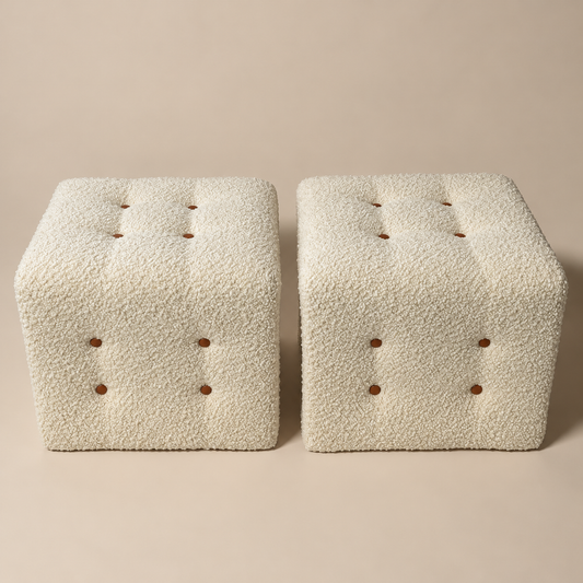 Mid-Century Boucle Upholstered Pair of Ottomans Featuring Cognac Leather Buttons