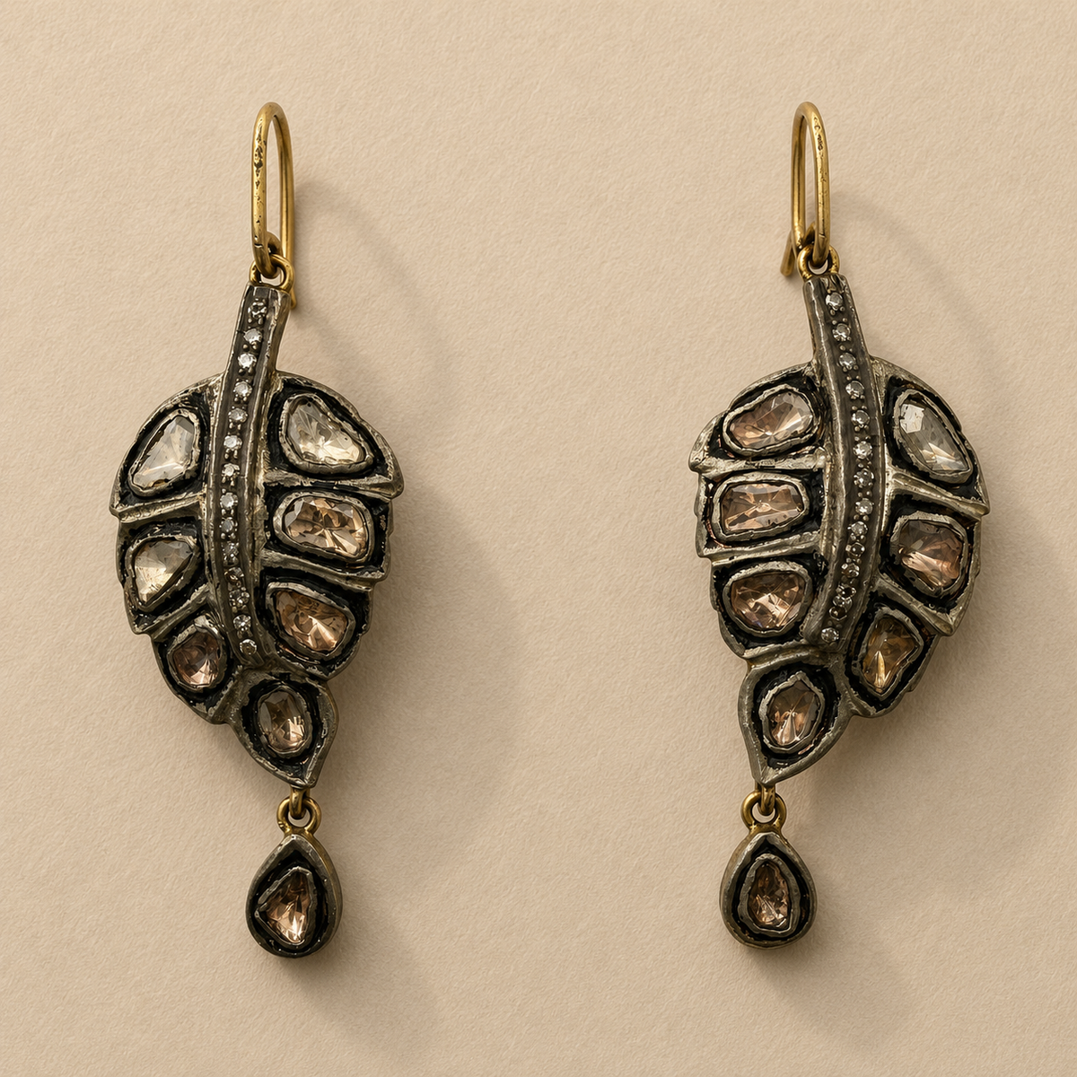 Raw Cut Diamonds Abstract Feather Shape Earrings
