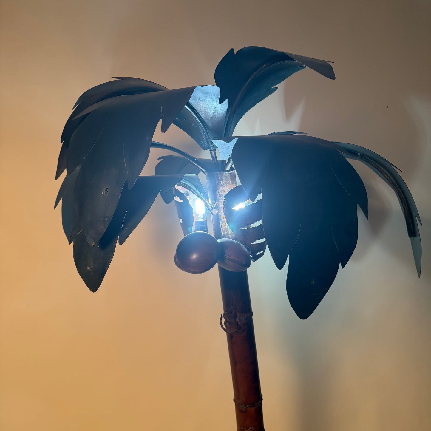 Vintage Metal Palm Tree Floor Lamp with Coconuts Accent