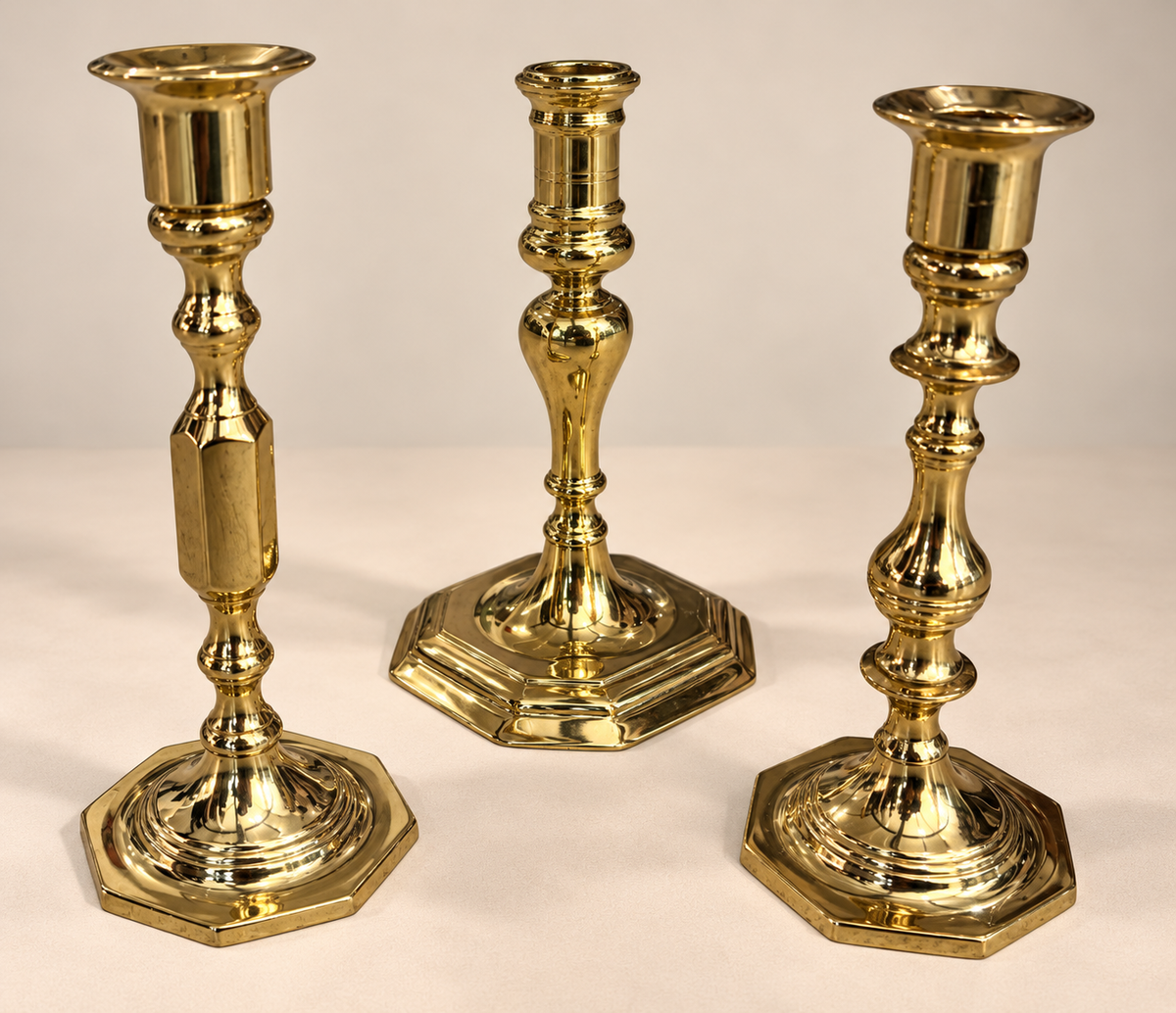 Set of 3 Varying Vintage Brass Candle Holders