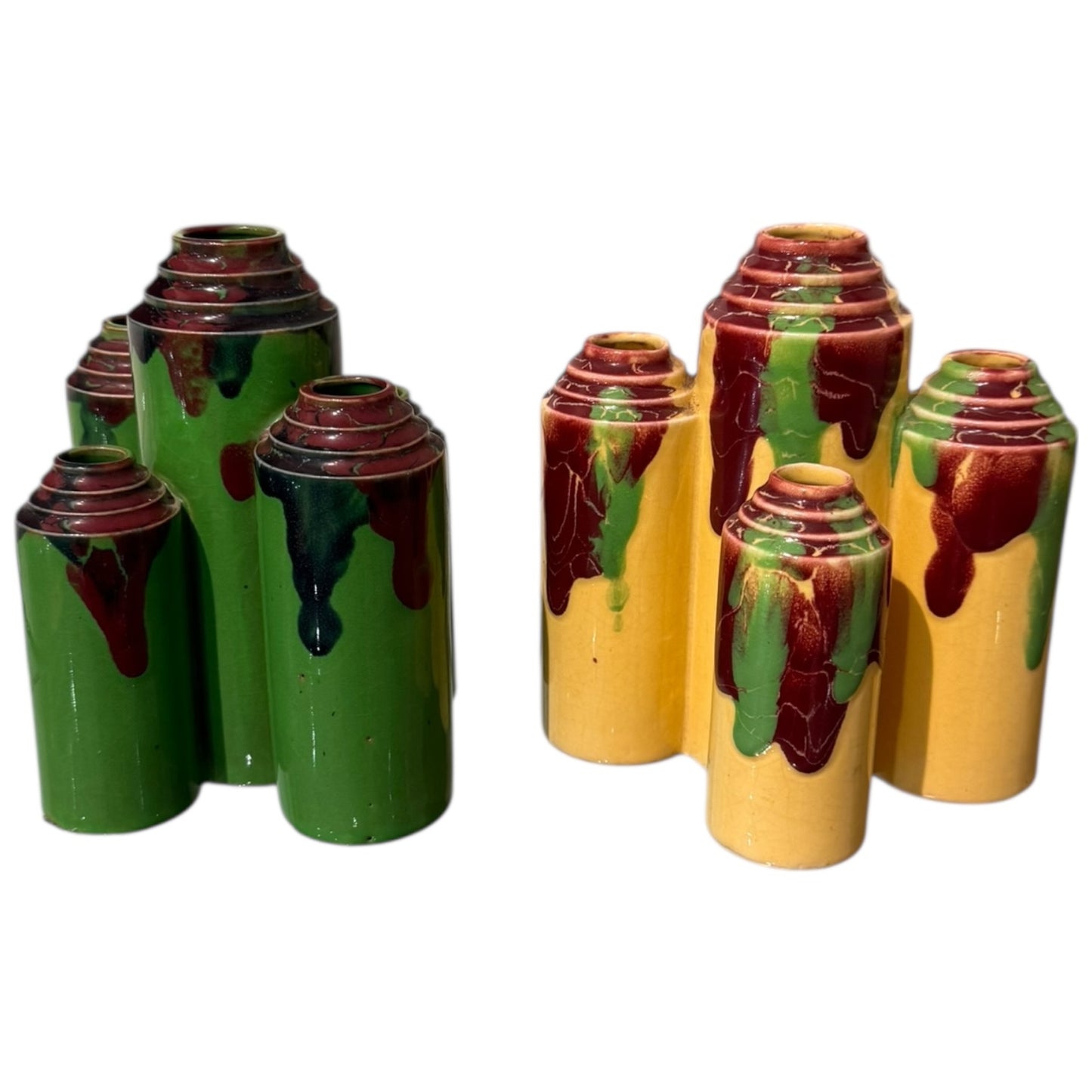 Pair of Art Deco Drip Vases Yellow and Green Bases with Multi Colors