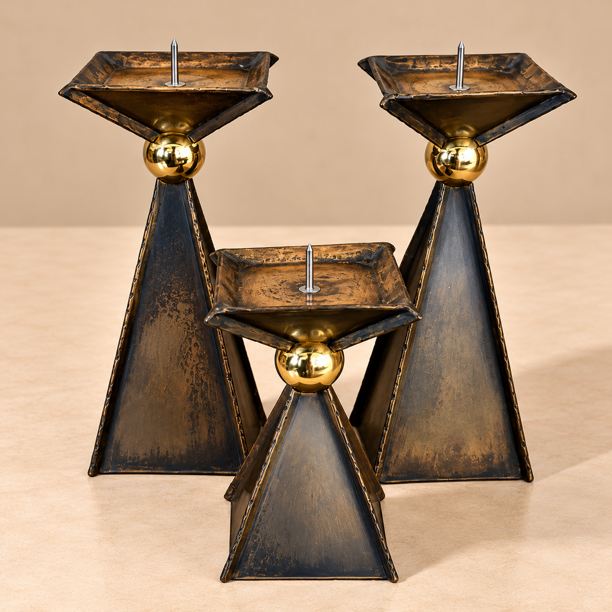 Set of 3 Brass Pyramid Candle Holders w/Brass Ball