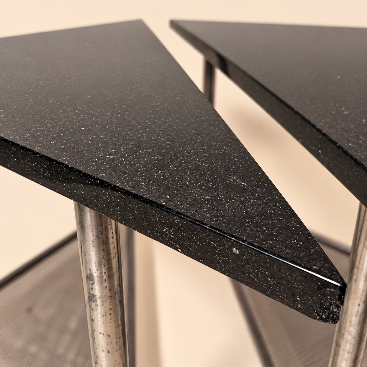 Pair of Triangular Brushed Steel & Marble Tables by Rich Martin
