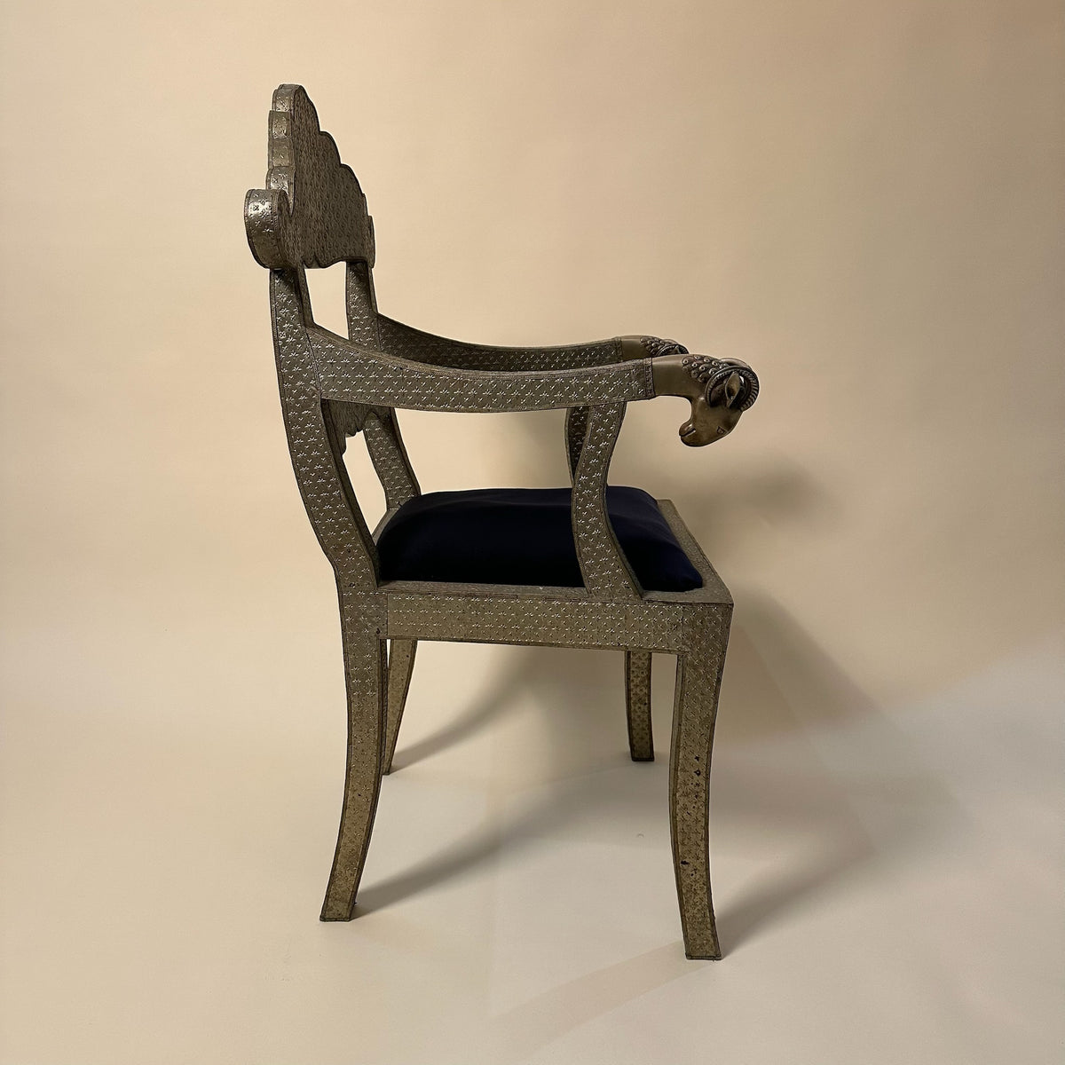 1960s Moroccan Vintage Hammered Metal Over Wood Chair