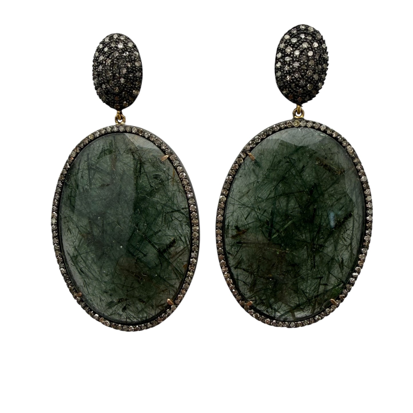 Green Tone Rutilated Quartz & Diamond Earrings