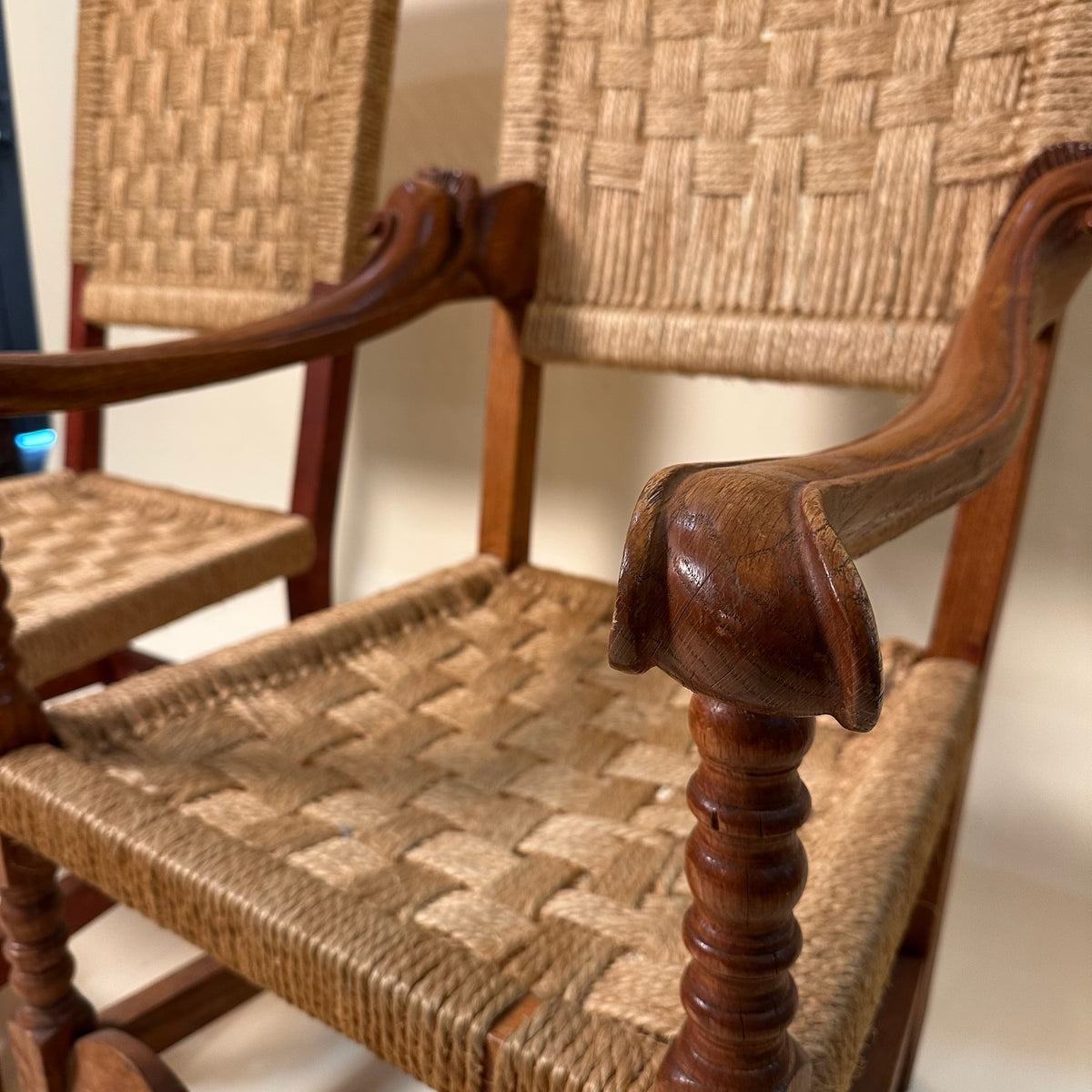 Pair of Carved Wooden and Woven Rope Armchairs