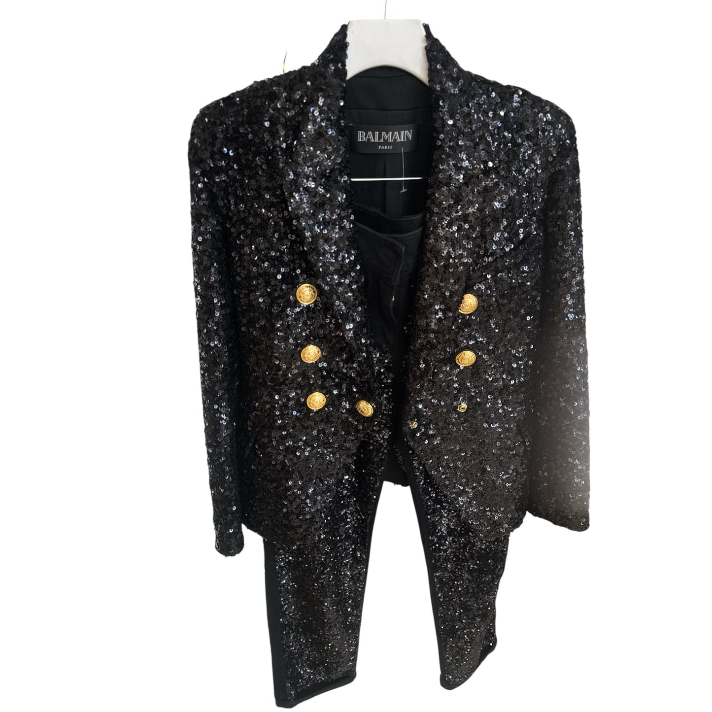 Balmain Black Sequin Jacket and Pants Set