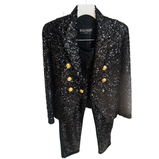 Balmain Black Sequin Jacket and Pants Set