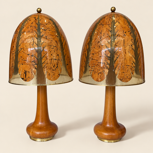 Pair of Tobacco Leaf Wood Brass & Resin Lamps