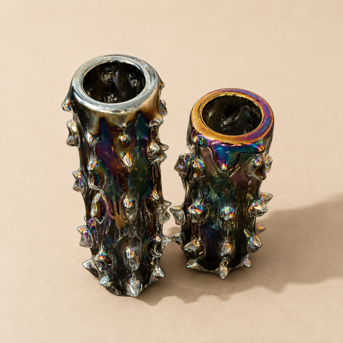 Asymmetrical Pair of Black Iridescent Spike Vases