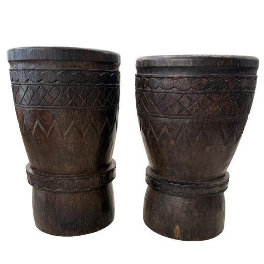 Pair of Solid Palmwood Asymmetrical Vintage Planters