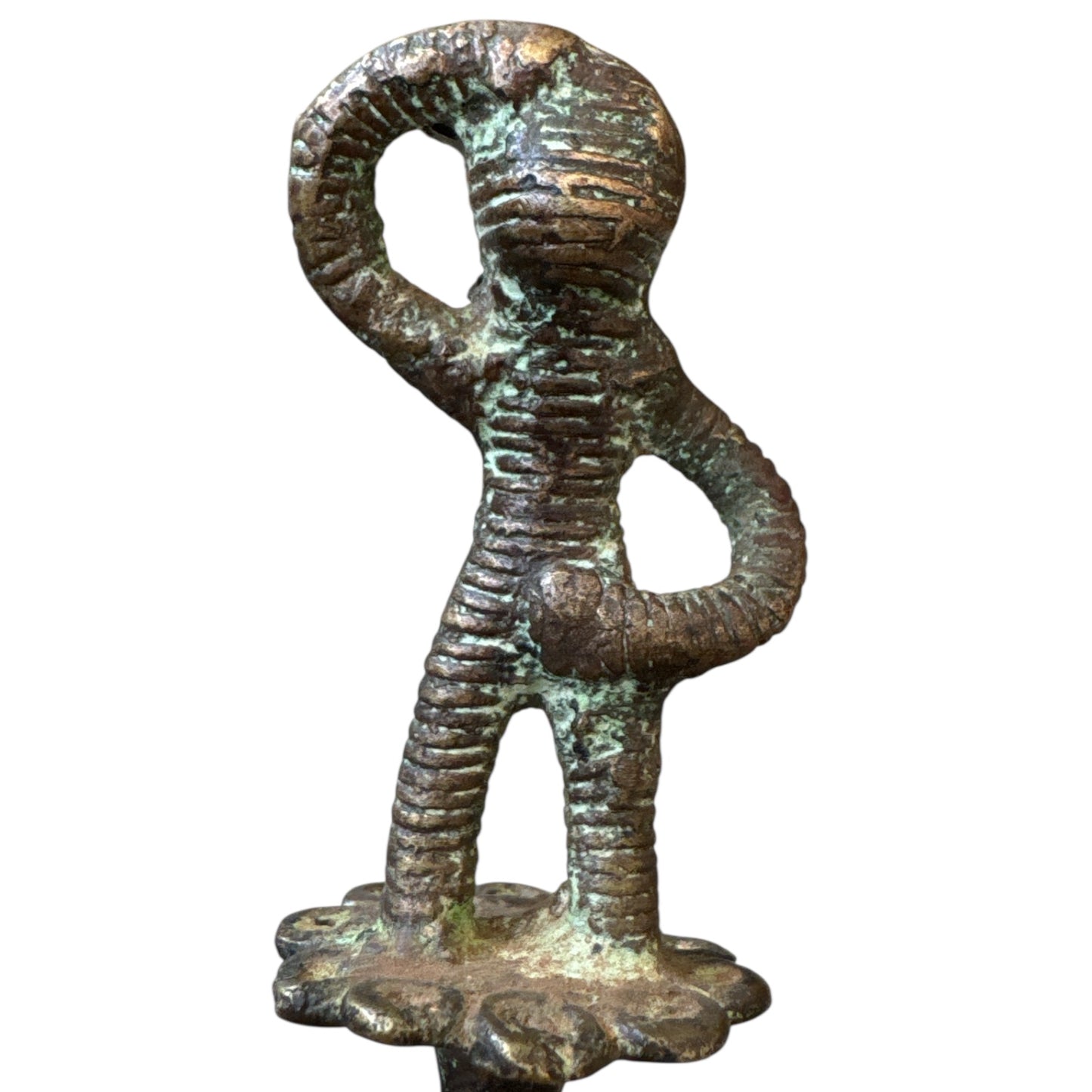 Benin Bronze Bell Man w/ Hand on Stomach & Hand on Head