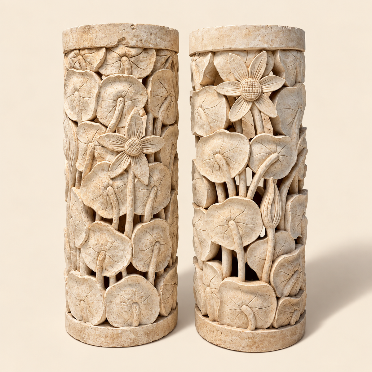Pair of Sandstone Carved Pillar Planters