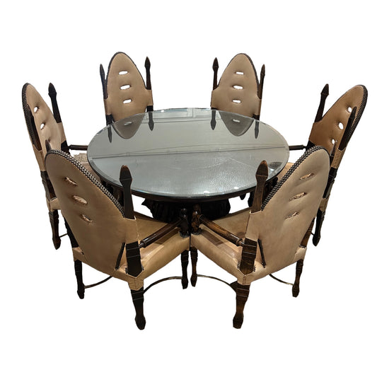 Maitland Smith Leather & Brass Dining Table & Studded Leather Chair Set