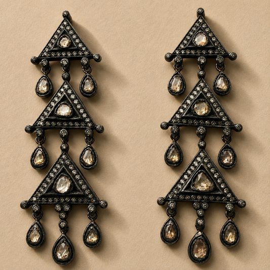 Triple Pyramid Multi-Diamond Drop Earrings