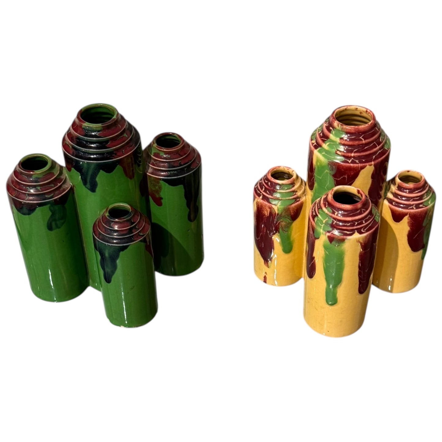 Pair of Art Deco Drip Vases Yellow and Green Bases with Multi Colors