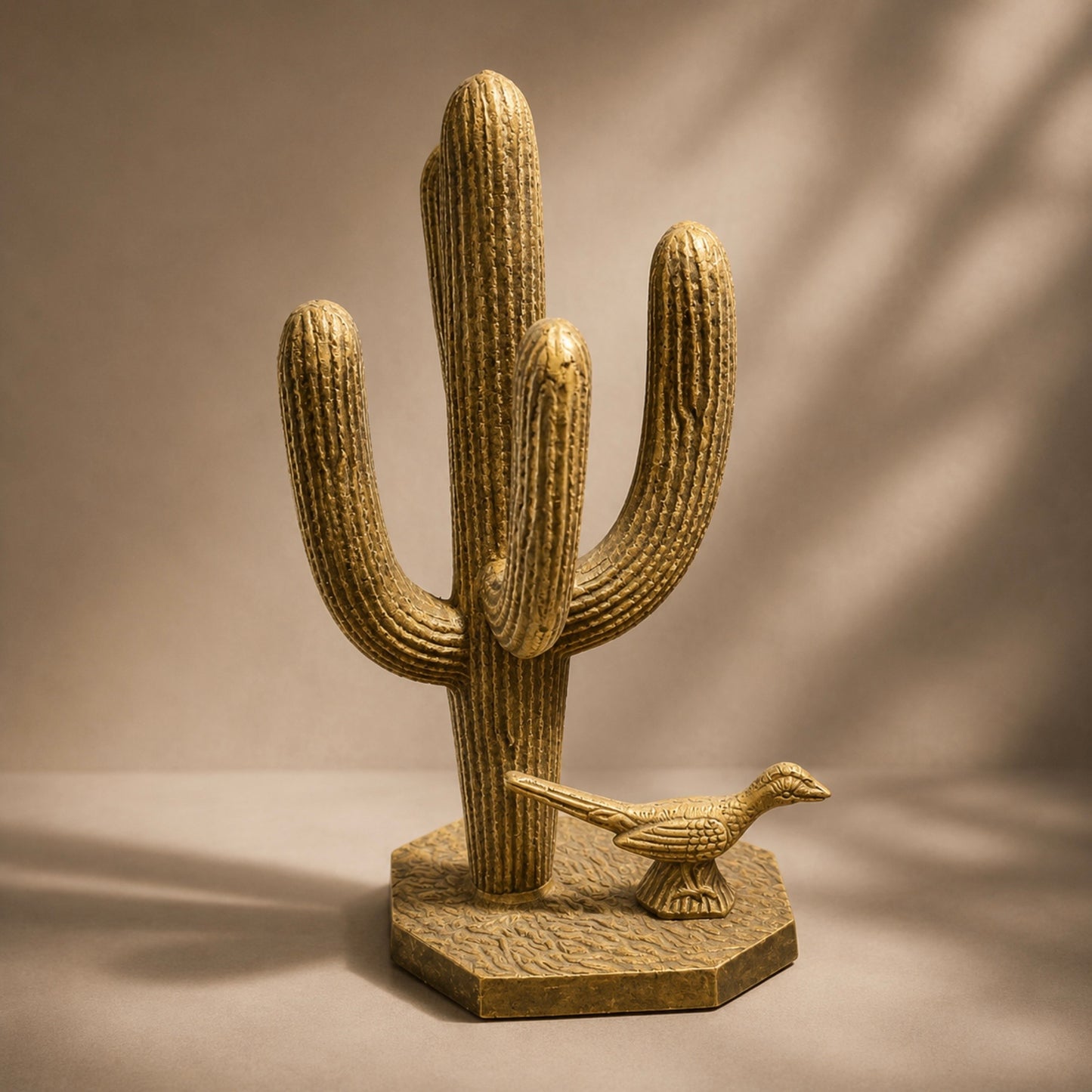 Vintage Brass Saguaro Cactus Sculpture with Road Runner
